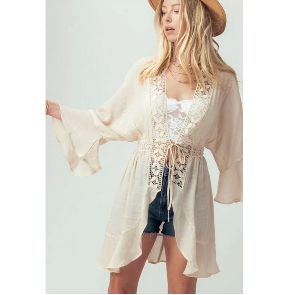CLEARANCE Natural Boho Crochet Ruffle Bell Sleeve Cardigan - Picture 2 of 4